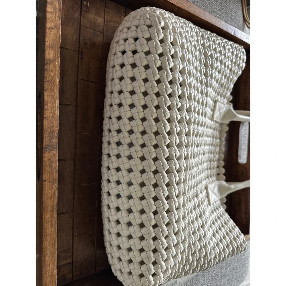 Sincerely Jules Woven Lattice Tote Bag Cream Off White Shoulder Bag with pouch
